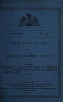Cover of Specification of Adolphus Theodore Wagner