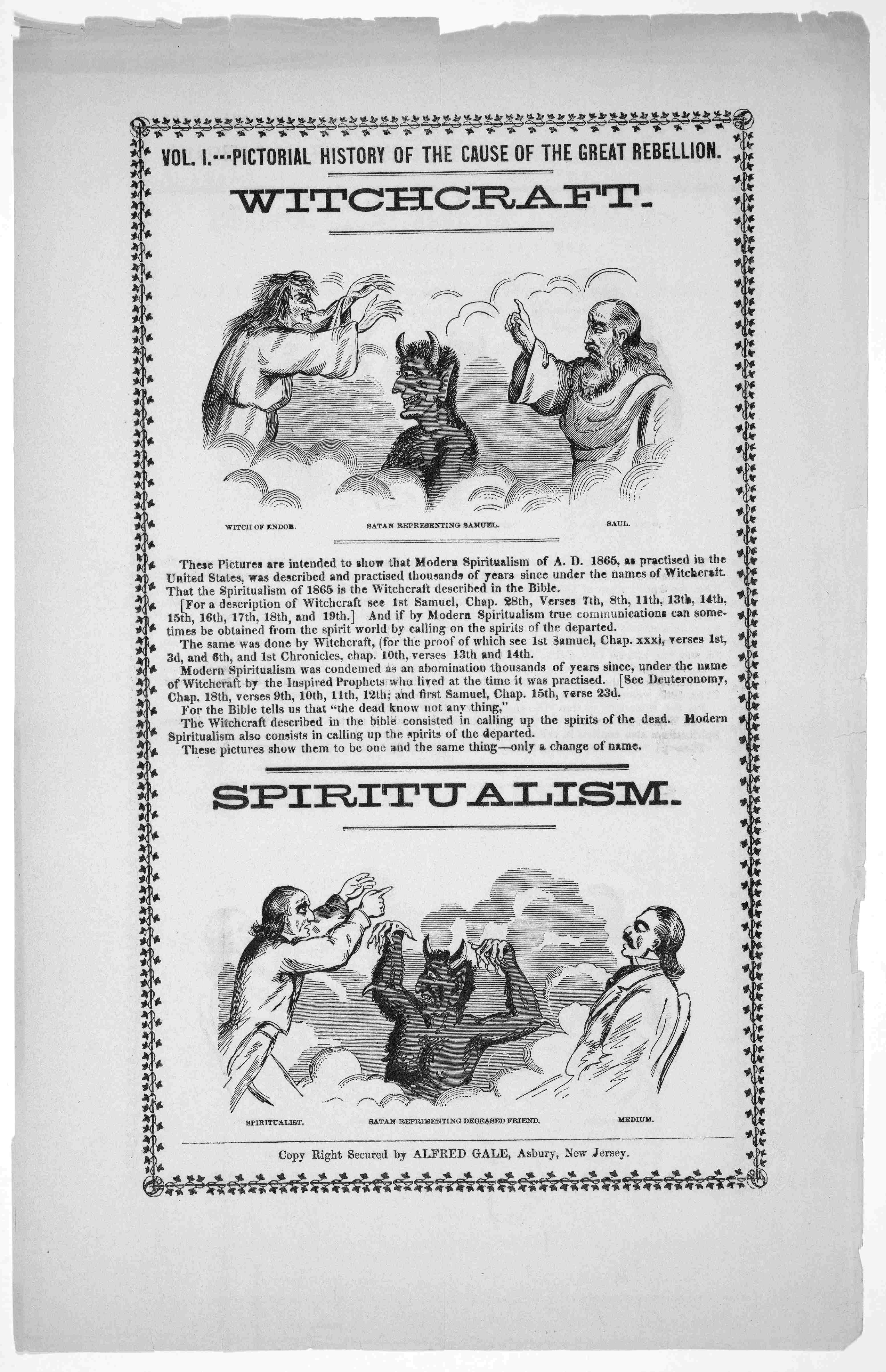 Cover of Vol. I. Pictorial history of the cause of the great rebellion. Witchcraft. These pictures are intended to show that modern spiritualism of A. D. 1865 ... was described and practised thousands of years since under the names of witchcraft ... Asbu